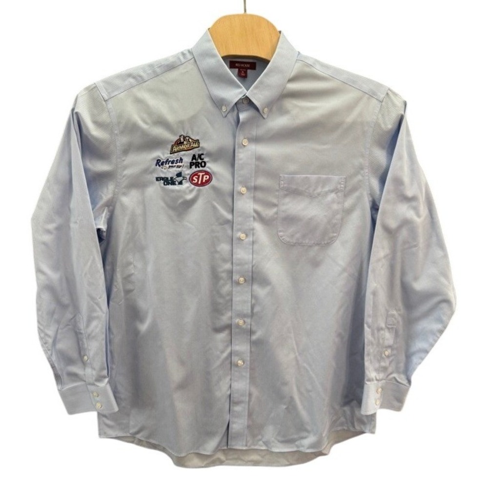 Red House Mens XL Blue Non-Iron Shirt Armor All STP Embroidered Logo Button Down